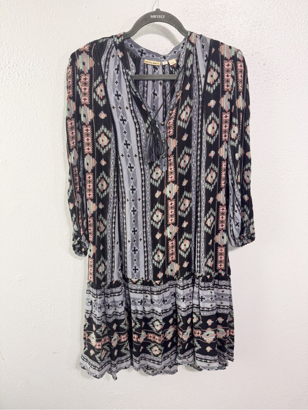 HOLDING HORSES Black Dress with Pink and Mint Geometric Stripes med